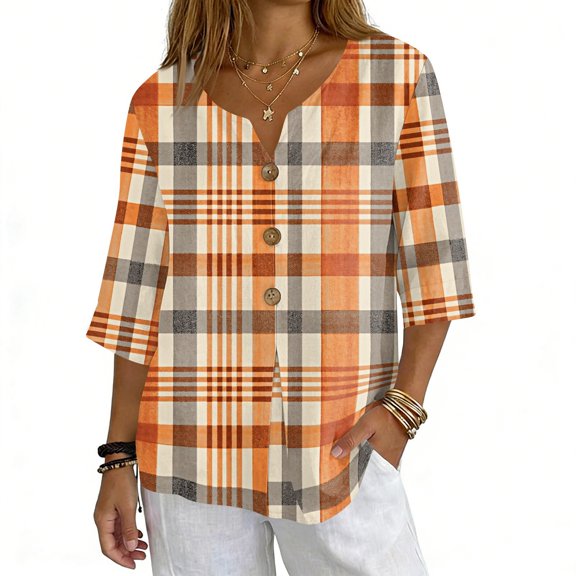 ASDFVBKG Linen Shirts for Women 3/4 Sleeve Comfy V Neck Cotton Button Down Shirts Checkered Striped Print Casual Loose Blouse Tops Orange M