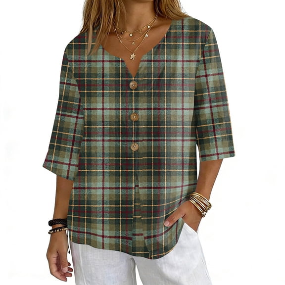 ASDFVBKG Linen Tops for Women 3/4 Sleeve Soft V Neck Cotton Button Down T Shirts Checkered Striped Print Vacation Loose Blouse Army Green S