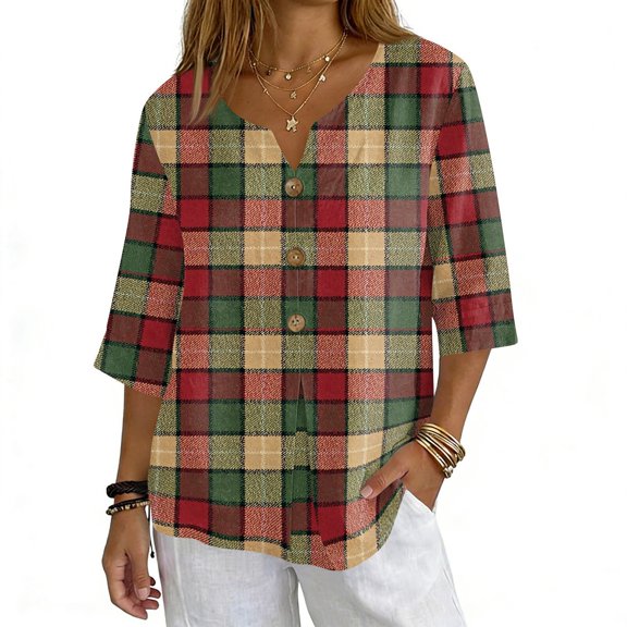 ASDFVBKG Linen Tops for Women 3/4 Sleeve Soft V Neck Cotton Button T Shirts Checkered Striped Print Casual Loose Blouse Red XL