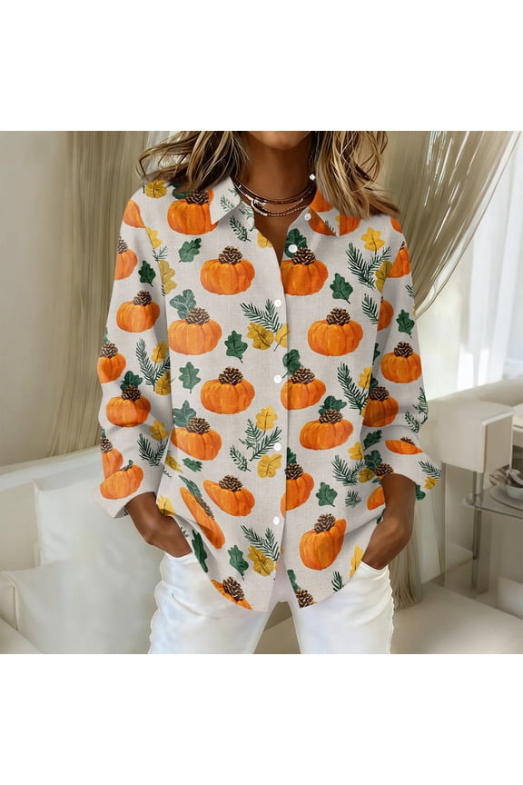 Long Sleeve Button Down Blouse Womens Halloween Graphic Pumpkins Pattern Oversized Holiday Party Shirts Gray L