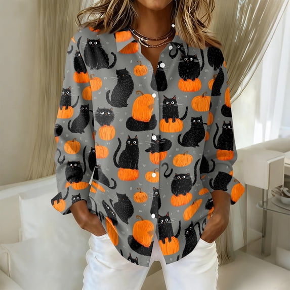 ASDFVBKG Long Sleeve Daily Wear Button Down Shirts Womens Halloween Pumpkins Pattern Print Casual Fall Blouse Orange 2XL