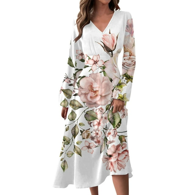 ASDFVBKG Long Sleeve Dress for Women Fall VNeck Long Sleeve Casual