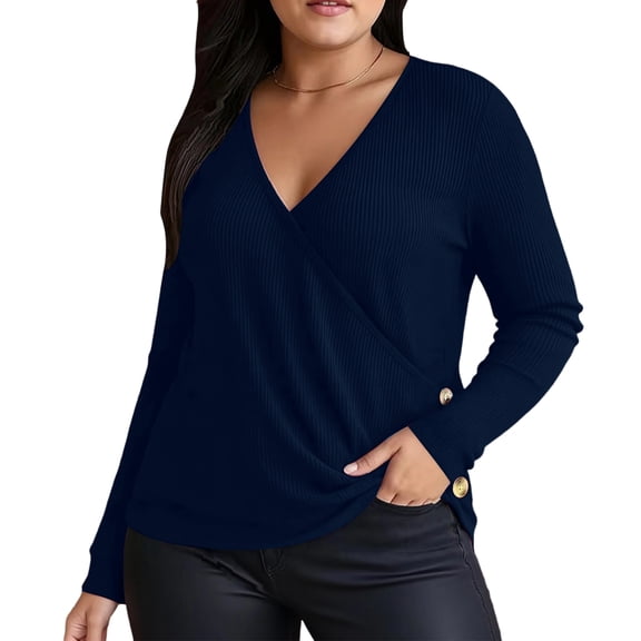 ASDFVBKG Long Sleeve Womens Tops Plus Size V Neck Cozy Top Dressy Casual Solid Color Blouse Navy XL