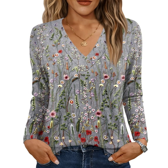 ASDFVBKG Long Sleeve Womens Tops Spring Casual Loose Fit Shirts 2026 V ...