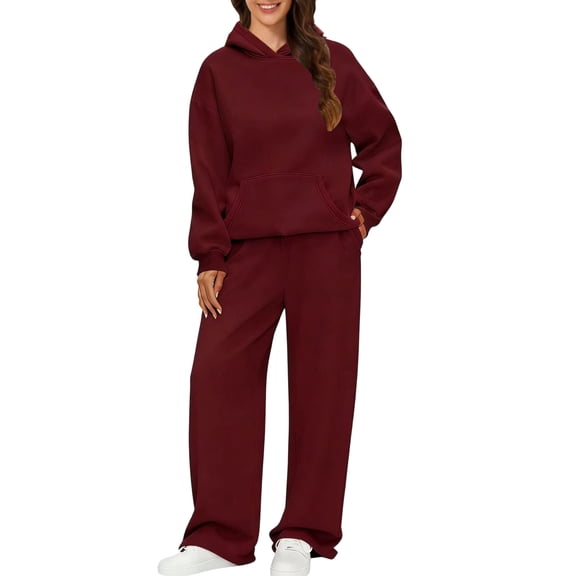 ASDFVBKG Lounge Sets for Women 2 Piece Sweatsuits Long Sleeve Sweatshirt Wide Leg Athletic Pants Matching Sets with Pockets Solid Color Loose Dressy Outfits Wine 2XL
