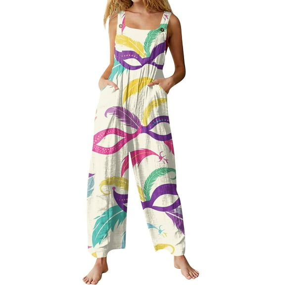 ASDFVBKG Mardi Gras Jumpsuit Women One Piece Button Carnival Themed Party Graphic Plus Size Wide Leg Jumpsuit Dressy Lightweight Overalls Onesie Pockets Outfits Beige 3XL