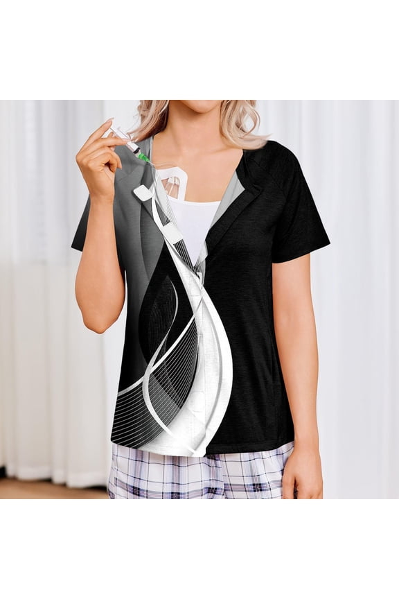 Mastectomy Shirts with Drain Pockets Tear Away Side Shoulder Surgery Tops for Women Chemo Shirts for Port Access Black L