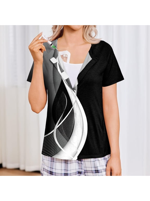 Mastectomy Shirts with Drain Pockets Tear Away Side Shoulder Surgery Tops for Women Chemo Shirts for Port Access Black L