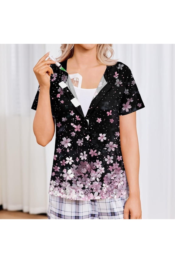 Mastectomy Shirts with Drain Pockets Tear Away Side Shoulder Surgery Tops for Women Floral Print Chemo Shirts for Port Access Pink 3XL