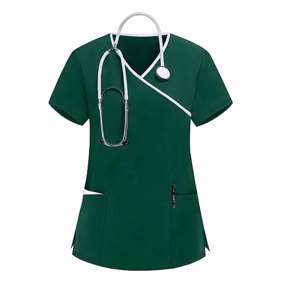 ASDFVBKG Medical Women's Scrub Top Plus Size Short Sleeve V-Neck Solid Color Working Top with Pocket Casual 2026 Workwear Scrub Top Dark Green M