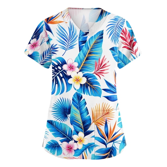 ASDFVBKG Medical Women's Scrub Top Short Sleeve V Neck Working Top with Pocket Floral Printed Plus Size Casual Workwear Scrub Tops Blue 5XL