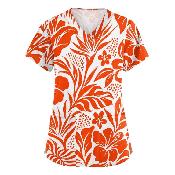 ASDFVBKG Medical Women's Scrub Top Short Sleeve V Neck Working Top with Pocket Floral Printed Plus Size Casual Workwear Scrub Tops Orange 5XL