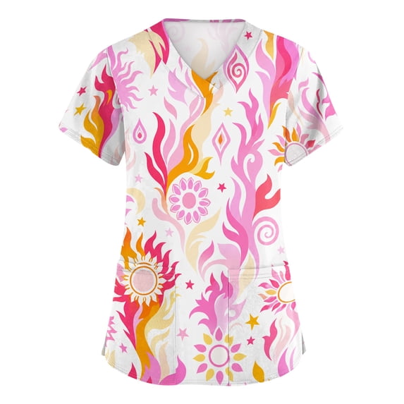 ASDFVBKG Medical Women's Scrub Top Short Sleeve V Neck Working Top with Pocket Floral Printed Plus Size Casual Workwear Scrub Tops Pink 5XL