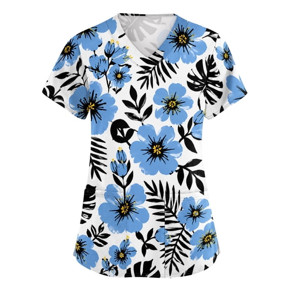 ASDFVBKG Medical Women's Scrub Top Short Sleeve V Neck Working Top with Pocket Floral Printed Plus Size Casual Workwear Scrub Tops Sky Blue L