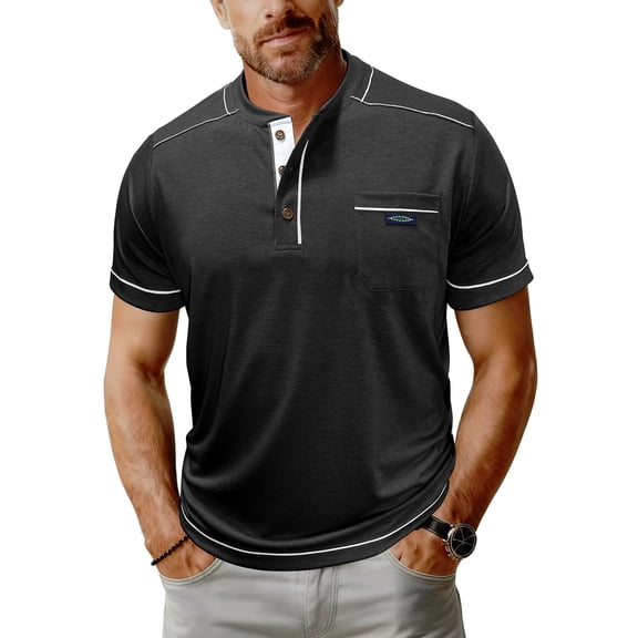 ASDFVBKG Men's Casual Henley Shirts Short Sleeve Basic Summer Pullover Comfortable Classic Button T Shirts with Pocket Black 3XL