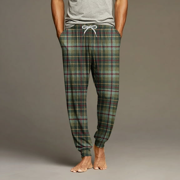 Hogleaql Men's Cotton Pajama Pants Drawstring Lounge Elastic Waist Retro Plaid Printed Bottoms Sleepwear Lightweight Dressy Loose Pajama Winter Casual Pjs Pants Pockets Army Green 3XL