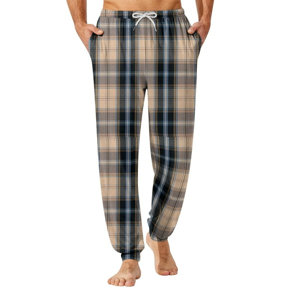 Hogleaql Men's Cotton Pajama Pants Drawstring Lounge Elastic Waist Retro Plaid Printed Bottoms Sleepwear Lightweight Trendy Oversized Pajama Winter Casual Pjs Pants Pockets Khaki L