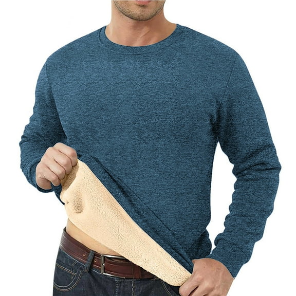 ASDFVBKG Men's Crewneck Sweatshirt Winter Thicken Casual Long Sleeve Sherpa Lined Fleece Sweatshirts Dressy Thermal Pullover Solid Color Winter Shirt Blue L