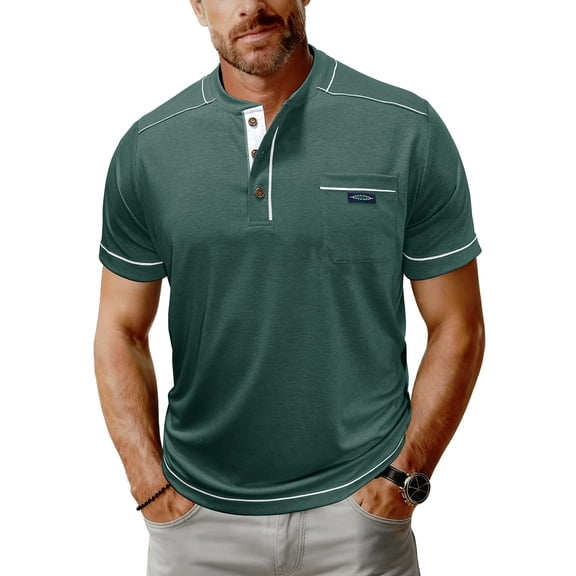 ASDFVBKG Men’s Henley Shirts Casual Short Sleeve Basic Summer Pullover Comfortable Lounge Button T-Shirt with Pocket Green 2XL