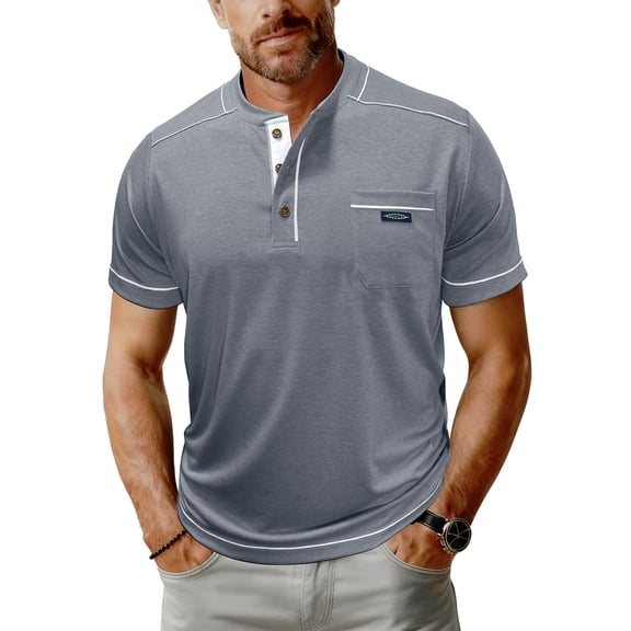 ASDFVBKG Men's Henley Shirts Casual Short Sleeve Basic Summer Pullover Comfy Lounge Button T-Shirt with Pocket Gray 3XL