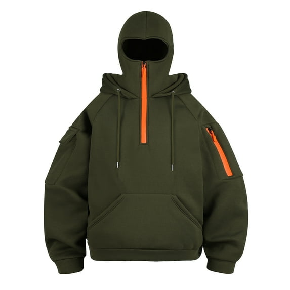 ASDFVBKG Men's Hoodies Balaclava Quarter Zip Up Double Hooded Sweatshirt Wind Resistant Athletic Hoodies Mask Long Sleeve Winter Lightweight Coat Jacket with Pockets Army Green M