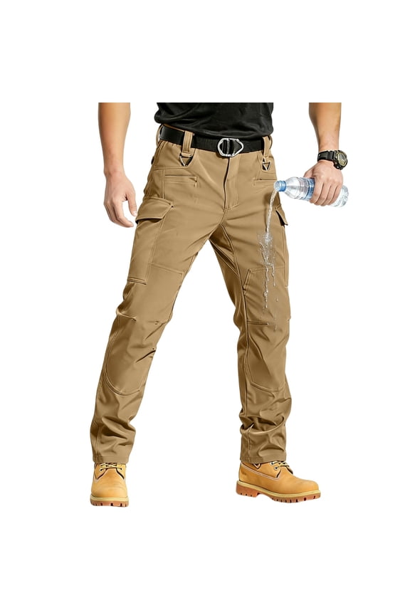 Men's Tactical Pants Dressy Waterproof Hiking Ripstop Stretch Pants with Multi-Pockets Cargo Loose Fit Lightweight Solid Color Pant Brown M
