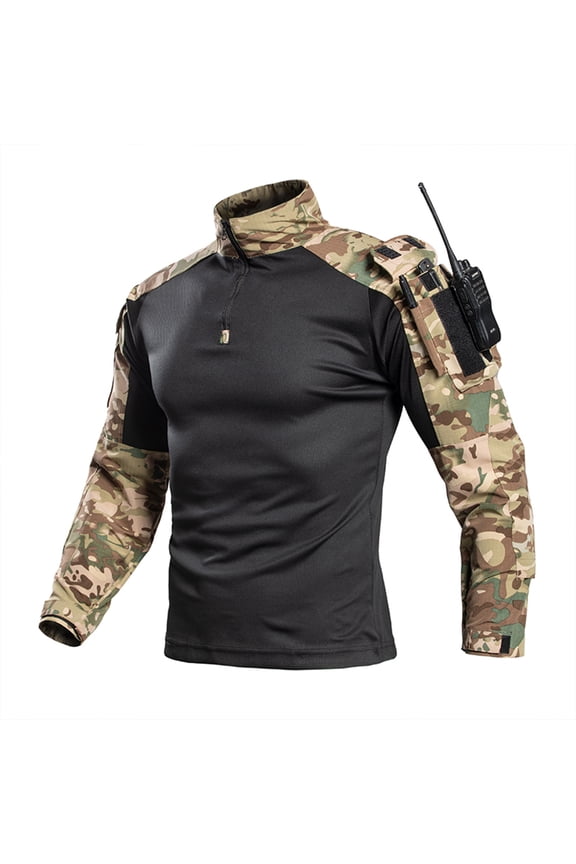 Men's Tactical Shirt Combat Airsoft Quarter Zipper Long Sleeve Stand Up Collar Shirt Fashion Military Army with Pockets Pullover Tops with Elbow Pads Camouflage L