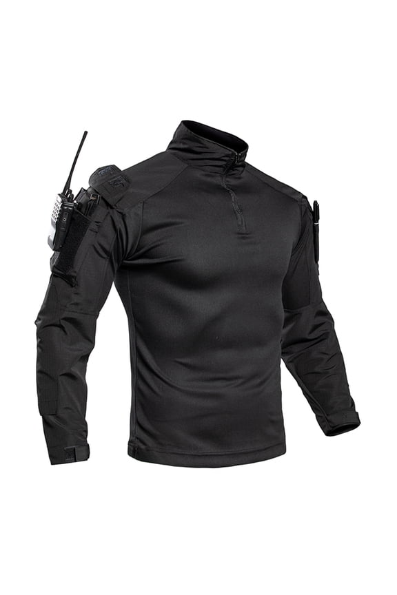 Men's Tactical Shirt Combat Airsoft Quarter Zipper Rapid Assault Long Sleeve Stand Up Collar Shirt Dressy Military Army with Pockets Shirts with Elbow Pads Black L