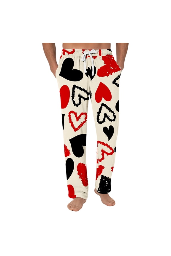 Men's Valentine Pajama Pants Lounge Love Heart Printed Drawstring Bottoms Pjs Sleepwear with Pockets Loose Winter Pants Wine L