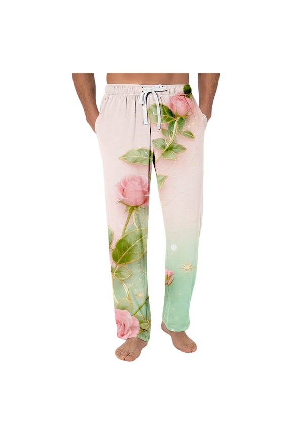 Men's Valentine Pajama Pants Love Heart Printed Lounge Drawstring Bottoms Sleepwear Loose Winter Pj Pants with Pockets Beige M