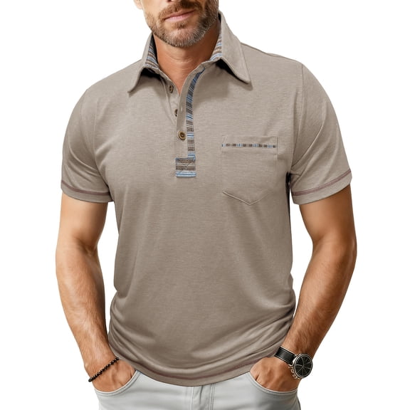 ASDFVBKG Mens Casual Polo Shirts Short Sleeve Summer Basic T Shirts Cozy Button Lounge Pullover with Pocket Khaki 2XL