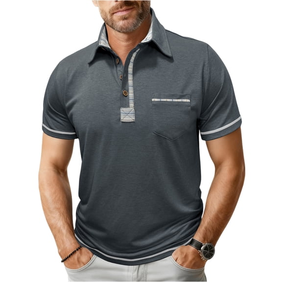 ASDFVBKG Mens Fashion Polo Shirts Casual Short Sleeve Summer Basic T-Shirt Soft Button Relaxed Fit Tops with Pocket Dark Gray XL