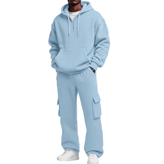 ASDFVBKG Mens Fleece Tracksuit Set, Full Zip Hooded Sweatshirt and Multi Pocket Jogger Pants Outdoor Sport Outfit Light Blue 2XL