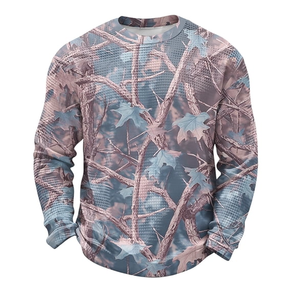 ASDFVBKG Mens Outdoor Casual Waffle Knit Shirt, Camo Maple Leaf Pattern Crew Neck Long Sleeve Pullover Light pink 3XL