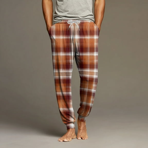 ASDFVBKG Mens Pajama Pants Drawstring Lounge Elastic Waist Vintage Plaid Print Bottoms Sleepwear Lightweight Dressy Loose Fit Pajama Winter Casual Pjs Pants Pockets Saffron L