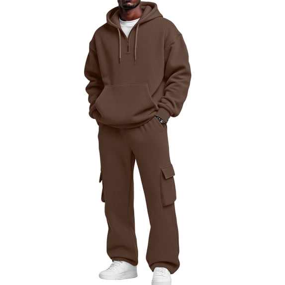 ASDFVBKG Mens Sweatsuits 2 Piece Set Tracksuit Jogger Hooded Zipper Fleece Autumn Athletic Long Sleeve Outfits Suit Set Brown 3XL