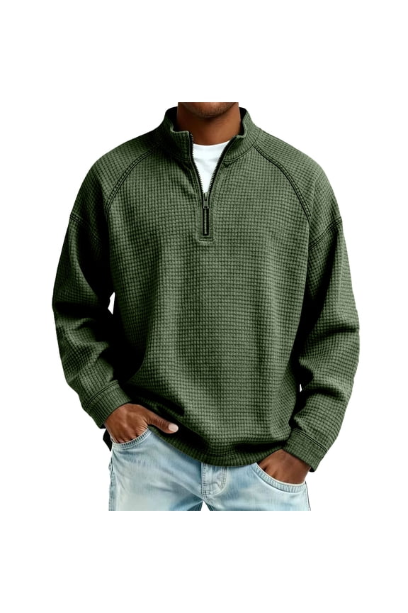Mens Waffle Sweatshirt 1/4 Zipper Comfy Long Sleeve Collared Vintage Pullover Fashion Casual Loose Pullover Tops Army Green 4XL