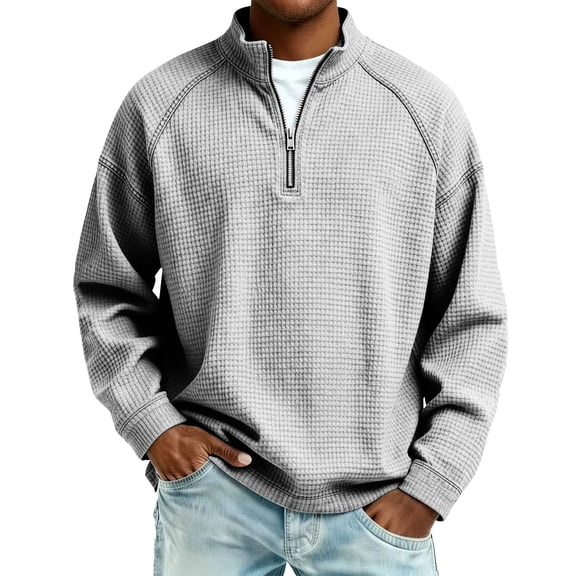 ASDFVBKG Mens Waffle Sweatshirt Pullover Quarter Zip Comfortable Long Sleeve Collared Vintage Pullover Dressy Casual Loose Fit Sweatshirt White 3XL
