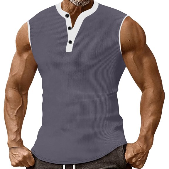 ASDFVBKG Muscle Tank Tops for Men Fashion Henley Sleeveless Gym T-Shirt Fitness Button Relaxed Fit Summer Basic Muscle Tank Top Gray 3XL