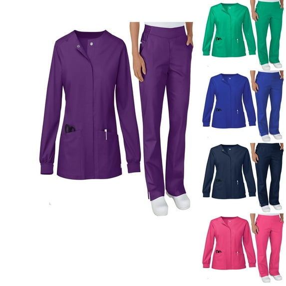 ASDFVBKG Nursing Uniforms Set for Women Round Neck Snap Front Nurse Uniform Jogger Suit Nurse Tops & Cargo Pant with Multi Pocket Long Sleeve Casual Warm-Up Jacket Workwear Dark Purple M