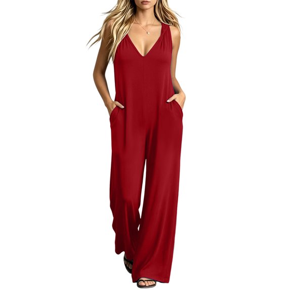 ASDFVBKG One Piece Jumpsuits for Women Dressy Casual Sleeveless V Neck Wide Leg Rompers Jumpers Vacation Summer Outfits Red L
