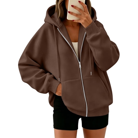 ASDFVBKG Oversized Hoodies For Women Zip Up Sweatshirt Fall Winter Pockets Loose Fit Outerwear Coffee L