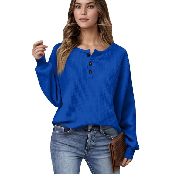 ASDFVBKG Oversized Waffle Henley Tops for Women Button Long Sleeve Solid Color Casual Pullover Leisure Fashion Blouse Loose Fall Winter Tunic Tee Tops Royal Blue 2XL