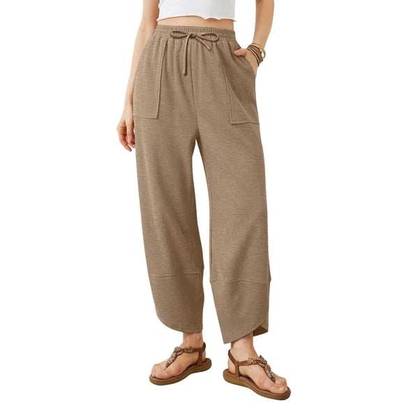 ASDFVBKG Palazzo Pants for Women Soft Harem Wide Leg Boho Capri Trousers Elastic Waisted Casual Drawstring Baggy Pants with Pockets Brown M