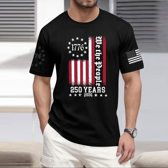 Hogleaql Patriotic 250th Anniversary T-Shirt Men's 1776-2026 Crew Neck American Flag Print Short Sleeve Tops Patriotic Fashion Independence Day Themed Loose Shirts Black 2XL