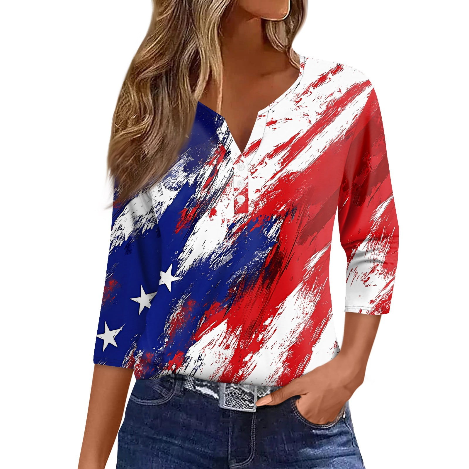 Women's 3/4 Sleeve Striped T-Shirt – Square Neck Loose Fit Tunic Top | Plus Size Summer Blouse - View #12