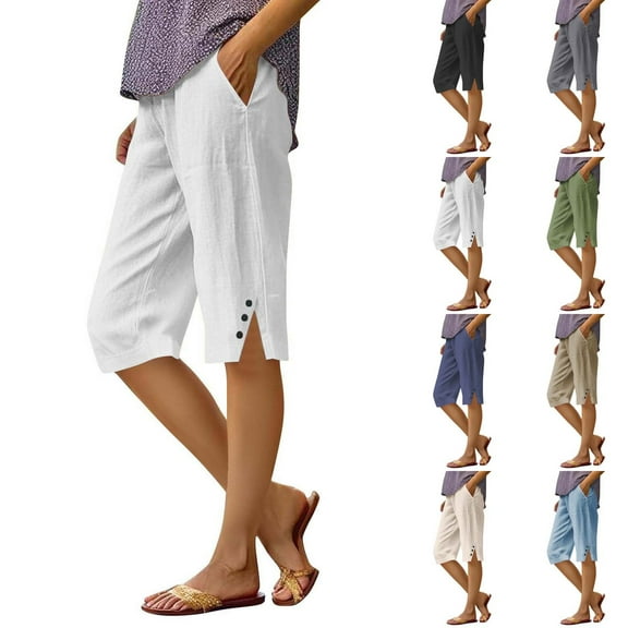 ASDFVBKG Pedal Pushers for Women Linen Capri Pants Dressy Casual Knee Length High Waisted Ladies Shorts Trendy Summer Linen Capri Pants with Pockets Beige 2XL