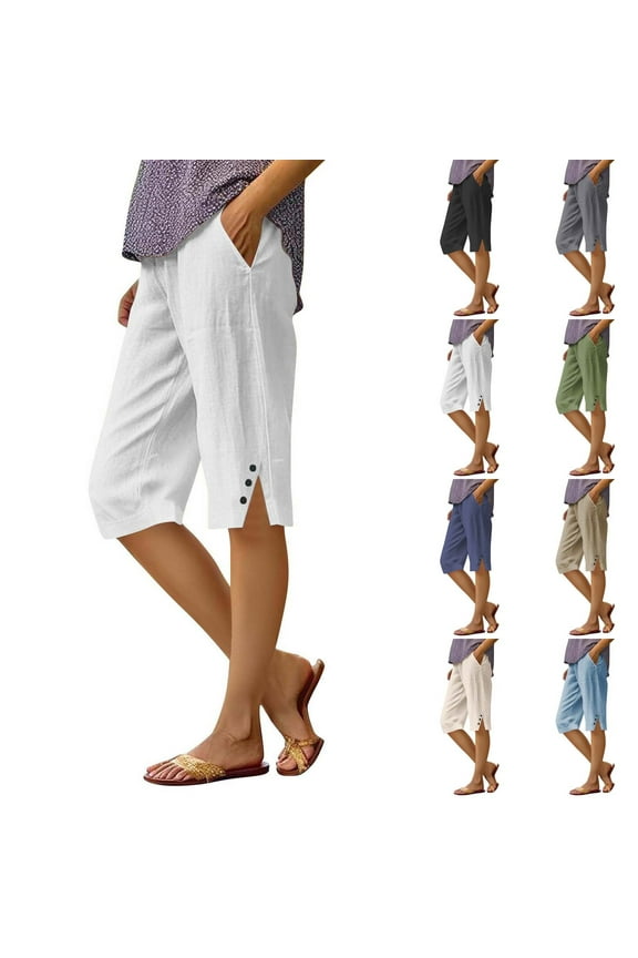 Pedal Pushers for Women Linen Capri Pants Trendy Summer Elastic Waist Knee Length Bermuda Shorts Dressy Casual Linen Capris with Pockets White 2XL