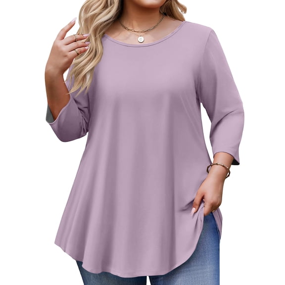 ASDFVBKG Plus Size Tunic Tops for Women 3/4 Length Sleeve Casual Crew Neck Shirt Fashion Comfy Lounge Top Solid Color Loose Fit Clothing Light Purple 2XL