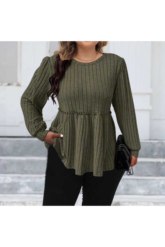 Plus Size Womens Fall Puff Sleeve Peplum Casual Slim Fit Knit Pullover Sweater Jumper Tops Green 3XL